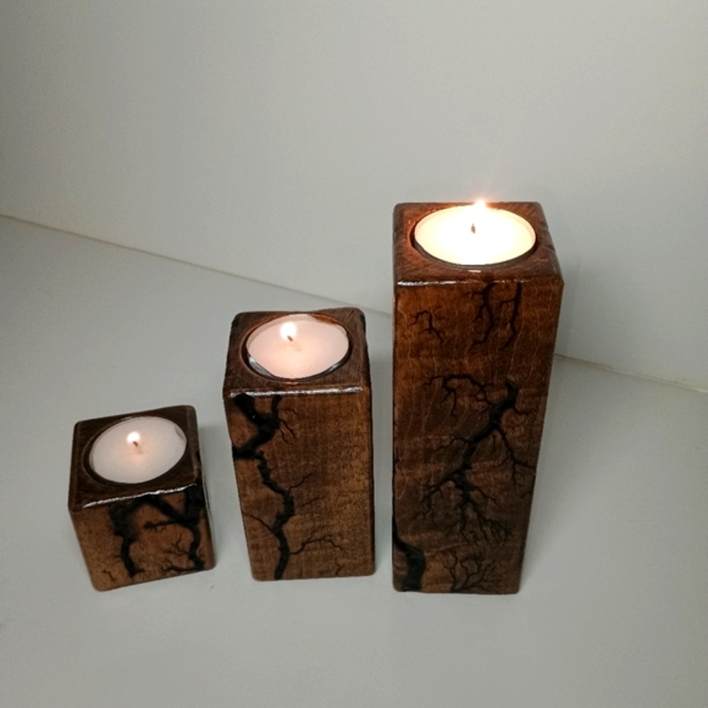 Tealight Holders Wooden. Fractal Lichtenburg Candle Holder / 3 Piece Maple Wood